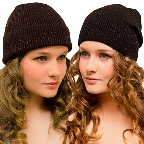 Mütze Damen Braun Glitzer - Damenmütze Winter Wolle Strickmütze Frauen