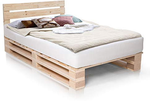 moebel-eins PALETTI Palettenbett inklusive Kopfteil Massivholzbett Holzbett Bett aus Paletten mit 11 Leisten, Palettenmöbel, 120 x 200 cm, Fichte Natur