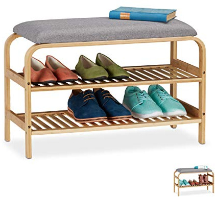 Relaxdays Banco Zapatero Recibidor, Asiento Acolchado, 46x69x30cm, Organizador 6 Pares de Zapatos, Descalzadora, Natural
