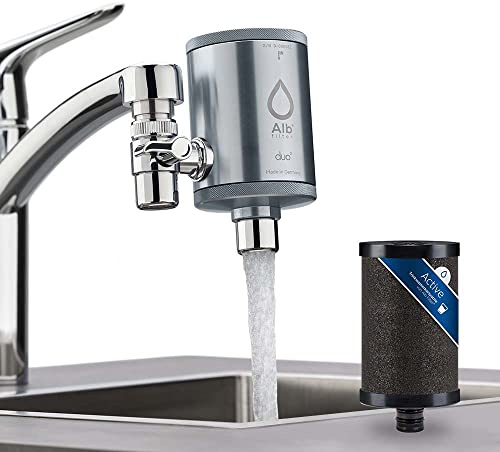 Alb Filter® Filtro de agua potable Duo Active, conector para grifo, filtra contaminantes, cloro, plomo, pesticidas, microplásticos, set con carcasa y cartucho, fabricado en Alemania, color gris