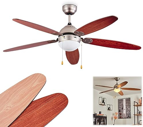 HOFSTEIN Deckenventilator Gyllan, Deckenlampe m. Ventilator, Metall/Holz in Nickel-matt/Weiß/Braun, wendbaren Rotorblättern, Ø 120 cm, Auf-/Abwind, 3 Geschwindigkeiten, E14, Zugschnur/Schalter