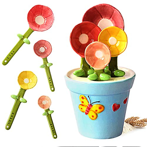 Sirensky Set di cucchiai dosatori per fiori in vaso, graziosi misurini in ceramica con base, cucchiaini in porcellana con supporto per casa e cucina (a forma di fiore)