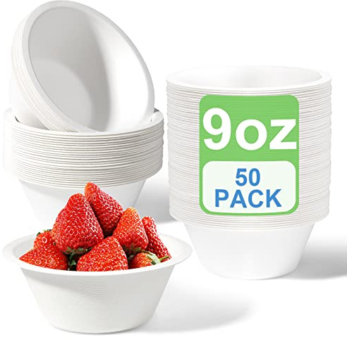 GREENESAGE 50 Pack Paper Bowls Disposable Bowls 9oz - Eco-Friendly, Sugarcane Strong White Bowls Compostable Soup Bowls for Hot Food Party BBQ Picnic | Strong & eco-friendly, compostable & biodegradable, for parties BBQs picnics