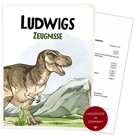 Zeugnismappe für DIN A4 Dino Dinosaurier | 𝗣𝗘𝗥𝗦𝗢𝗡𝗔𝗟𝗜𝗦𝗜𝗘𝗥𝗧 | 20 Klarsichthüllen für 𝗔𝗨𝗙𝗕𝗘𝗪𝗔𝗛𝗥𝗨𝗡𝗚 und 𝗦𝗖𝗛𝗨𝗧𝗭 von 𝗭𝗘𝗨𝗚𝗡𝗜𝗦𝗦𝗘𝗡 | Schule (T-Rex)