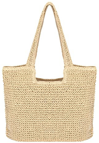 Kmbcove Stroh Handtasche Damen Sommer Strandtasche Handarbeit Umhängetasche Böhmische Schultertasche für Damen Urlaub Reise Täglicher Gebrauch (Beige)