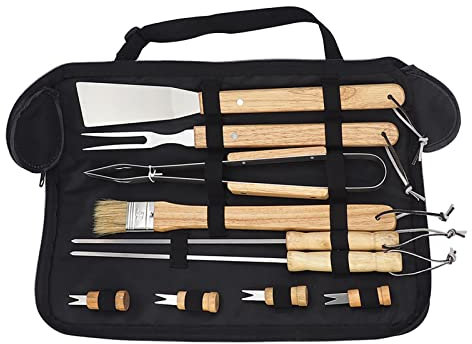Glomora Juego De Herramientas para Parrilla De Barbacoa De Acero Inoxidable Premium, Accesorios para Asar A La Parrilla con Mango De Madera para Picnics Y Barbacoas
