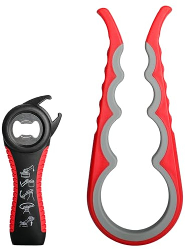 5-in-1-Glasöffner 4-in-1-Flaschenöffner-Set, Mehrfunktionsglasöffner für ältere Menschen, Arthritis-Patienten und Kinder (Rot und Schwarz)