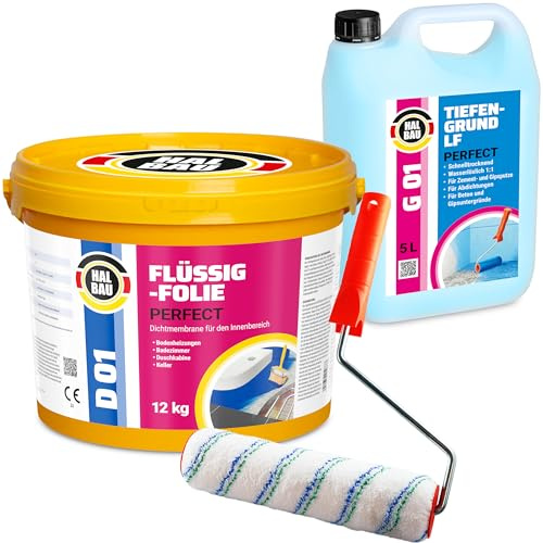 Dichtset Flüssigfolie Profi 12kg, Flüssiggummi für Innen, Wassersperre unter Fliesen, Bad, Dusche, Tiefengrund 5L, Farbroller 25cm H28