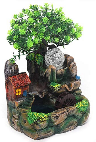Brunnen - Decoración de jardín con luz LED y humidificador, fuente de agua con niebla y resina, 18,5 x 14,2 x 20 cm
