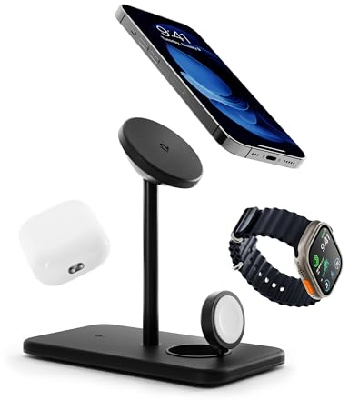 Twelve South HiRise 3 Deluxe, Compact Wireless Magsafe Charging Stand,Black | Charges iPhone, AirPods and Apple Watch - Includes US Power Supply with 5 Foot Cord, Plus International Plug Adapters
