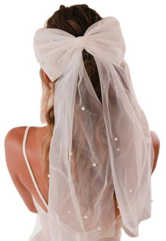 Eleganter Braut-Hochzeits-Kopfschmuck, weißes Netz-Kopfstück, Nachahmung von Perlen, Schleife, kurzer Schleier, Hinterkopf-Dekoration, Haarschmuck