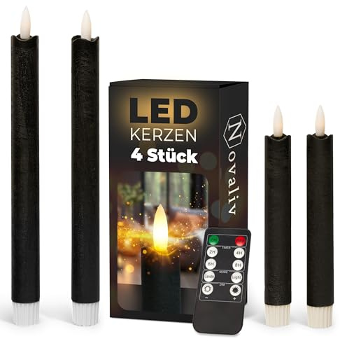 Sparset Stabkerzen LED mit Timer Klein+Groß SCHWARZ 4 Stück indoor - 6 Stunden - ECHTWACHS 18cm+23cm Höhe für Kerzen 2,2cm Durchmesser 2 AAA Batterien notwendig LED Stabkerzen flackernde Flamme