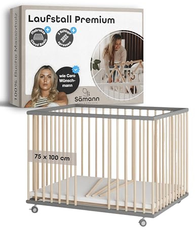 Sämann Laufstall Baby 75x100 cm mit Matratze und 3 Schlupfsprossen | TÜV geprüft 2024 | stufenlos höhenverstellbar | Laufgitter Premium | Babybett aus Holz | Krabbelgitter grau/natur