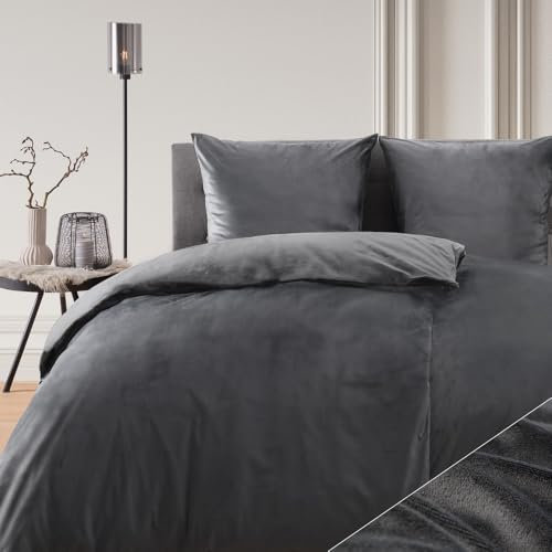 Blumtal Ropa de Cama 135x200 cm Cashmere-Touch Felpa Set 2 Piezas - Ropa de Cama Oeko-Tex Cálida 135x200 + 2 Fundas de Almohada 80x80 - Ropa de Cama Invierno 4 Piezas - Felpa Antracita