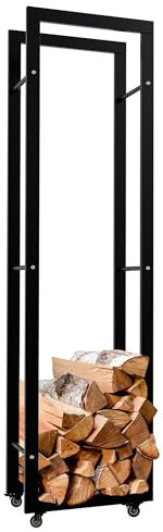 CLP Support de Bois de cheminée Keri avec roulettes I Étagère à Bois de cheminée en métal Noir I Rangement pour Bois de Chauffage, Couleur:Noir, Taille:25x40x150 cm