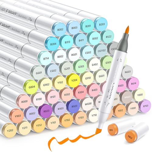Caliart Alkohol-Marker, 61 Farben, Pastellfarben, Meißel und Pinselspitze