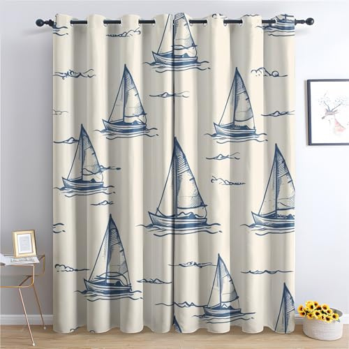 SZLYZM Vorhänge Segelboot, Verdunkelungsvorhang 2er Set - Vorhang Blickdicht Nautisch Maritim Muster, Thermovorhang für Deko Wohnzimmer Schlafzimmer, Gardinen mit Ösen 160x132 cm (HxB)