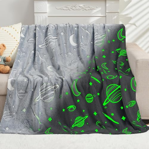 inhand Space Toys Glow in the Dark Stars Blanket for Girls Boys Solar System for Kids Throw Blanket Funny Astronaut Planet Toys Boy Room Decor Birthday Gifts Ideas for 3-10 Years Old (40''x60'' Grey)