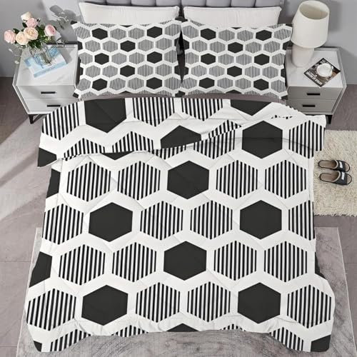 Bettdecke 200x220 Ohne Bezug Nutzbar, Wabenrasterdruck Bettdecken Waschbar Ganzjahresdecke Schwarz Weiß 4 Jahreszeiten Steppdecke, Bettzeug Microfaser mit 2 Kissenbezug für Sommer Winter Doppelbett