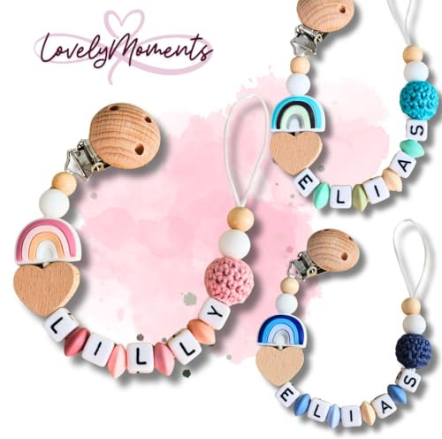 Lovely Personalisiertes Baby Geschenk, Mädchen/Junge, Schnullerkettchen mit Name, Schnullerband, verschiedene Farb-Varianten (1.Rosa)