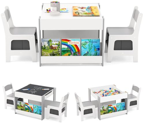 GOPLUS 4 in 1 Kindertisch mit 2 Stühlen, Kindersitzgruppe mit beidseitiger Tischplatte & Seitenregalen & 2 Stoffboxen, Kindermöbel platzsparend für Kinder zum Zeichnen, Lesen & Spielen (Grau)
