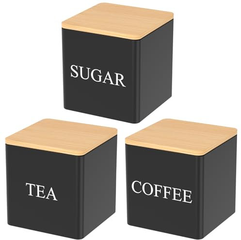 Eyoulife 3 latas de té rectangulares de 8,5 x 8,5 x 8,5 cm, 500 g, de metal con etiquetas, funda de bambú, herméticos, para almacenamiento, té, azúcar, harina, cereales (negro)