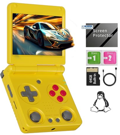 Console de jeu portable rétro RG34XXSP RG34XX SP Console de jeu rétro avec 64G préchargé 5000+ jeux, batterie 3300 mAh, arcade de poche portable Supporte 30+ simulateurs 5G WiFi Bluetooth HD Jaune