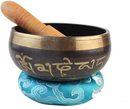 SUPER FOREST Cuenco Tibetano de Metal, Cuenco Tibetano Hecho a Mano con Sonido Budista, Cuenco Tibetano con símbolos budistas, mazo de Madera y cojín para oración, meditación, Yoga, sanación de