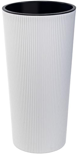 KONZEPT Pot de fleurs haut (57 cm) avec insert, convient pour l'intérieur et l'extérieur, résistant aux intempéries, aux UV, avec structure rainurée, blanc, en plastique écologique, idéal pour le