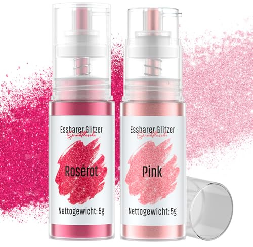 Essbarer Glitzer Spray Rosérot & Pink, Wwtop 2 Farben set Lebensmittel Glitzer für Getränke Puder Essbar für Backen, Erdbeeren, Cupcakes, Kuchen, Fondant, Cocktails, Schokolade (5g)