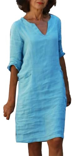 Robe Vintage Femme Coton Et Lin- Robe Grande Taille Manches 3/4 Col en V De Couleur Solide RéTro-Taille Haute éPisséE Comfortable Chic Et éLéGants Classiques Baggy Chemise Dress