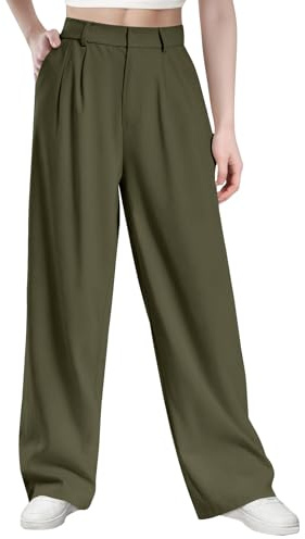 Glacspyg Damen Hohe Taille Freizeithosen Hochdichter Polyester Elasthan Stoff Business Arbeitshosen Glatte Elegante Weite Hosen mit Taschen