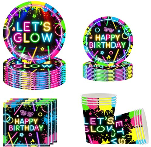 Neonfarbenes Partyzubehör Geburtstage, Glow Neon Partygeschirr Set, Glow Neon Geburtstag Party Geschirr, für Kinder Geburtstag Party Supplies (B)