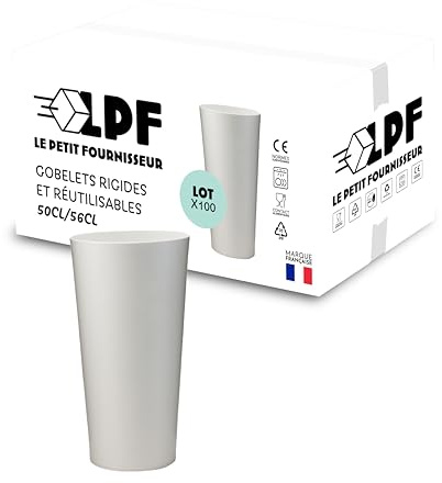 LPF LE PETIT FOURNISSEUR - Lot de 100 Gobelets réutilisables 50cl (56cl à ras-bord) - Polypropylène plastique alimentaire rigide - Gobelets à eau, bière - Compatible lave-vaisselle - Couleur Blanche