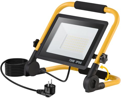 LED Baustrahler 70W & 10000LM, IP66 Wasserdichte Baustellenlampe mit Ein/Aus-Schalter & 180° Schwenkbar, 1,5m Kabel, Arbeitsleuchte für Baustelle, Werkstatt, Garten, Floodlight (6500K)