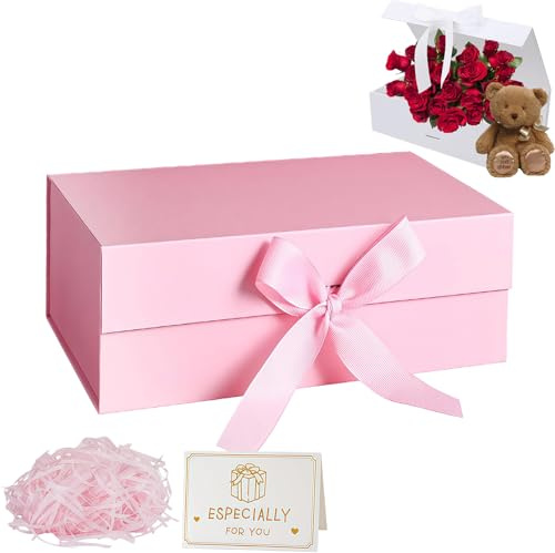 Rosa presentask med lock 22 x 16 x 8,8 cm, magnetisk presentask lyxig presentask med band gratulationskort strimlat papper för helgdagar bröllop födelsedag presentförpackning fest presentlådor