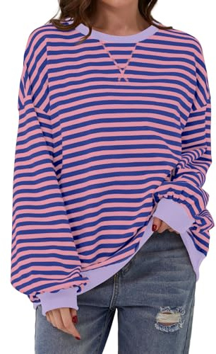 DUOEASE Felpa Donna Oversize Maglietta Elegante Righe Manica Lunga Top Y2K | Morbida, traspirante, con Girocollo e polsini a contrasto, vestibilità comoda, per tutti i giorni, Autunno, Inverno
