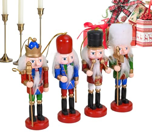 Decoración de cascanueces para árbol de Navidad - 4 piezas - Figura de madera - colgantes de cascanueces para Navidad - para balcón dormitorio, entrada, estantería, salón