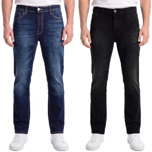SMITH & JONES 2 Pack Mens Stretch Jeans Zip Fly, Classic Everyday Denim Trousers Stretchy Man Straight Leg Jean Black Blue Stonewash Dark Regular Waist Twin Multipack