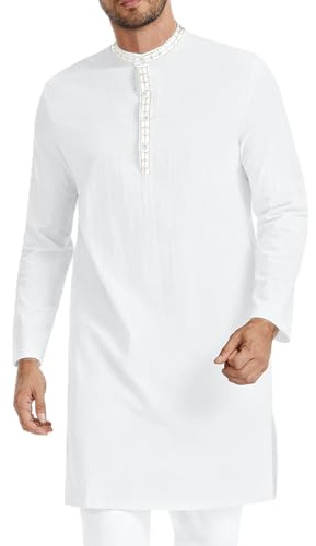 LVCBL Mens Thobe Islamic Robe Long Sleeve Muslim Kaftan Traditional Kurta Men Linen White M