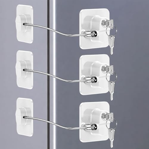 3 Stück Kühlschrank Schloss mit Klebstoff, Kindersicherung Schrank mit Schlüsseln für Kinder Door Lock, für Kühlschrank und Tür Gefrierschrank, Schränke, Schubladen, Fenster