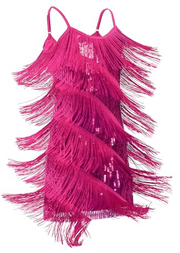 EFOGEP Girls Latin Dance Sequins Fringe Flapper Dress | Layered Tassel Fringe Design with Sequin Sparkle Ideal for Ballroom, Jazz Dance and Stage Performances