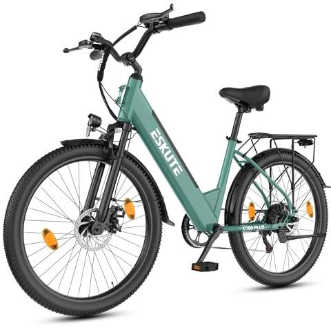 ESKUTE Bicicleta eléctrica de 26 pulgadas para adultos, 7 velocidades, con batería extraíble de 36 V, 13 Ah, 25 km/h, alcance de 50 a 100 km, bicicleta de ciudad eléctrica para viajeros, IP65