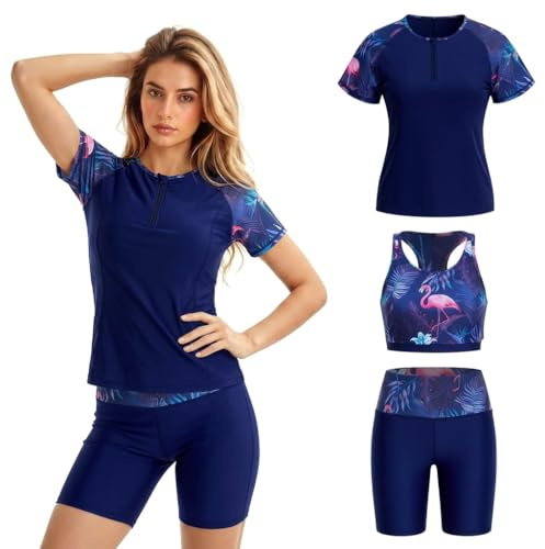 Owntop UV Rashguard set dam 3-delad – kortärmad simskjorta med linne och badbyxor, snabbtorkande badkläder med UV-skydd för strand simning vattensport, lila, XL