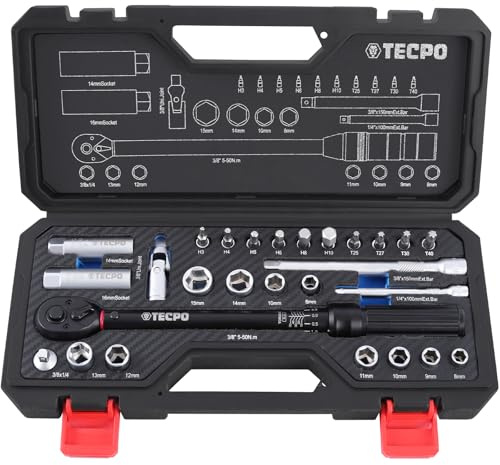 TECPO Drehmomentschlüssel 27-teiliges Set 3/8 Zoll 5-50 Nm feinverzahnt 72 Zähne ±3% mit Adapter, Stecknuss, Verlängerung, Bit und Kardangelenk für Fahrrad Motorrad Zündkerzenwechsel