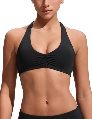 CRZ YOGA Froncé Devant Halter Hauts de Bikini | Rembourrage Amovible, Bonnet A-C, Col Rond, Dos Nu, Natation, Maillot de Bain pour Femme