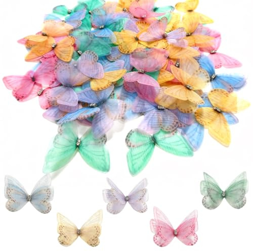 KUAJTUN 100 STK Schmetterlinge Deko Schmetterling DIY Organza Stoff 3D | Deko Schmetterlinge aus 3D Schmetterlinge Organza Stoff für DIY Basteln, Wand, Kleidung und kreative Dekoration