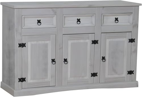 Dynamic24 Hacienda-Look – New Mexico Schrank Breite 132 cm, Höhe 84 cm mit 3 Schubladen und 3 Türen in grau. – 132x84x44 cm – 3 Schublade(n) – Massive Kiefer – Farbe Grau – Hacienda-Stil – wärmender