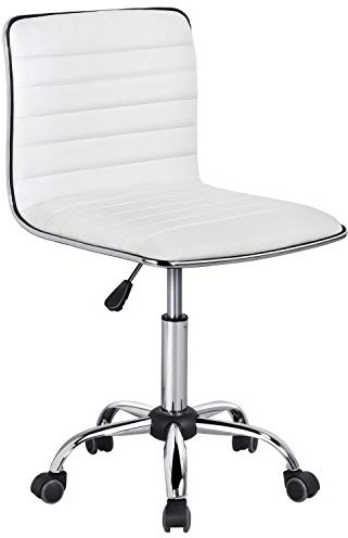 Yaheetech Adjustable Task Chair PU Leather Low Back Ribbed Armless Swivel White Desk Chair Office Chair Wheels