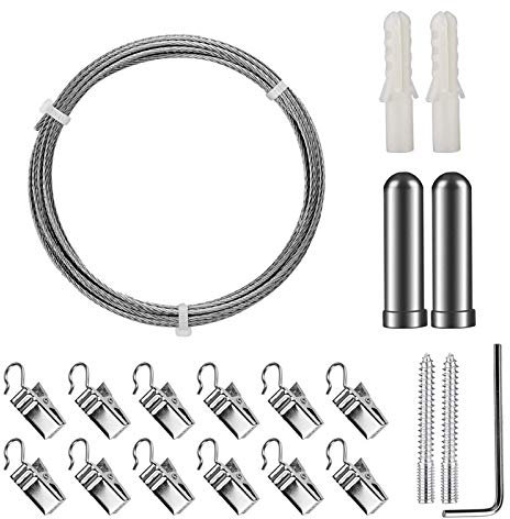 Milopon Seilspanngarnitur Edelstahl 20 Stuck Gardinen Seilsystem, Stahlseil Befestigung Set, Stahlseil Vorhang Gardinenseil 3m/ Schraube/ 12 Clips